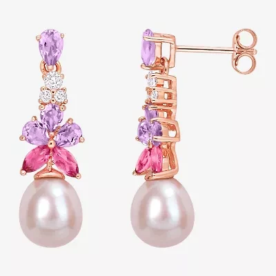 Womens Pink Cultured Freshwater Pearl 18K Rose Gold Over Silver Drop Earrings