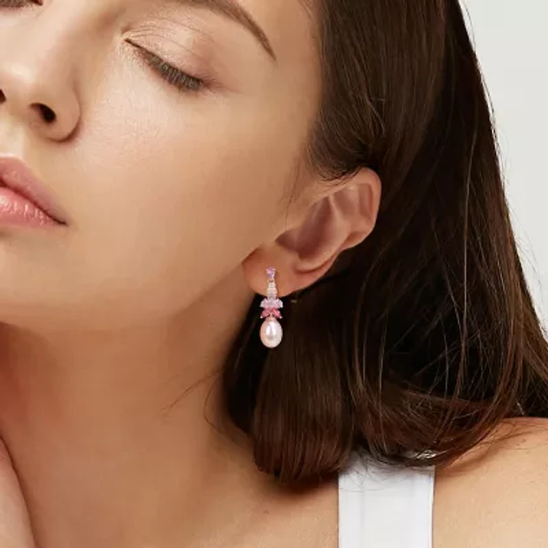 Womens Pink Cultured Freshwater Pearl 18K Rose Gold Over Silver Drop Earrings