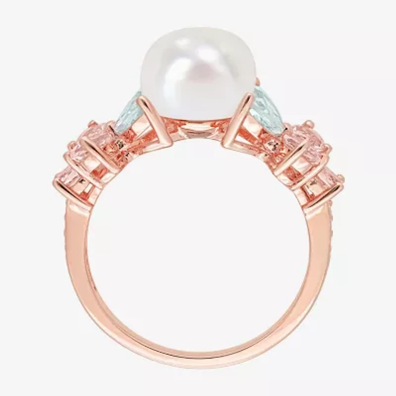 Womens 8-9MM White Cultured Freshwater Pearl 18K Rose Gold Over Silver Cocktail Ring