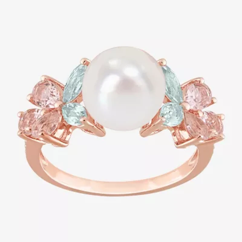 Womens 8-9MM White Cultured Freshwater Pearl 18K Rose Gold Over Silver Cocktail Ring