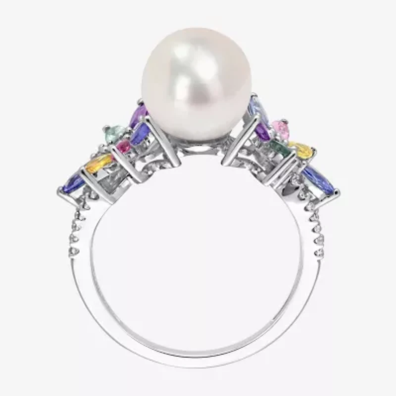 Womens 9-9.5MM White Cultured Freshwater Pearl & 1/8 CT. T.W. Genuine Diamond 14K Gold Cocktail Ring