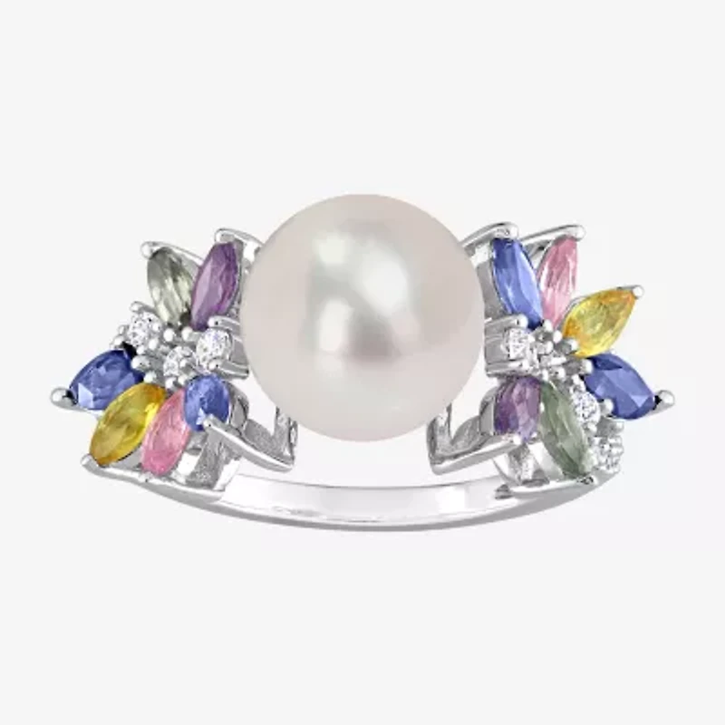 Womens 9-9.5MM White Cultured Freshwater Pearl & 1/8 CT. T.W. Genuine Diamond 14K Gold Cocktail Ring