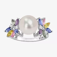 Womens 9-9.5MM White Cultured Freshwater Pearl & 1/8 CT. T.W. Genuine Diamond 14K Gold Cocktail Ring