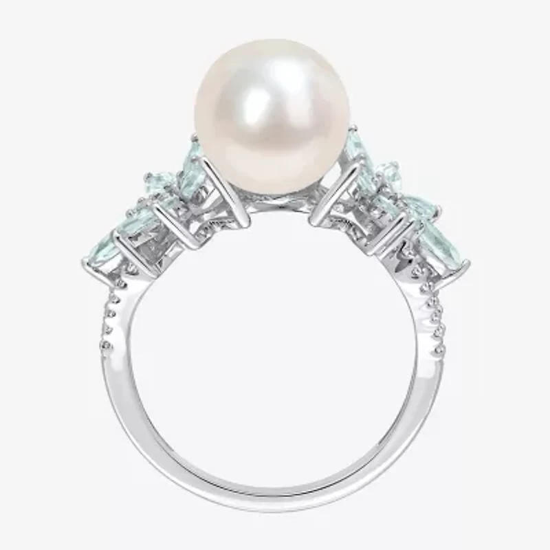 Womens 9-9.5MM White Cultured Freshwater Pearl & 1/8 CT. T.W.  Genuine Diamond 14K Gold Cocktail Ring