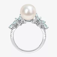 Womens 9-9.5MM White Cultured Freshwater Pearl & 1/8 CT. T.W.  Genuine Diamond 14K Gold Cocktail Ring