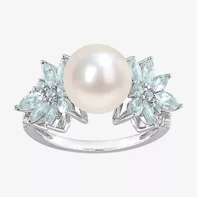 Womens 9-9.5MM White Cultured Freshwater Pearl & 1/8 CT. T.W.  Genuine Diamond 14K Gold Cocktail Ring