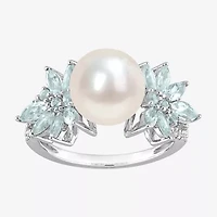 Womens 9-9.5MM White Cultured Freshwater Pearl & 1/8 CT. T.W.  Genuine Diamond 14K Gold Cocktail Ring