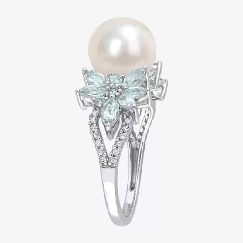 Womens 9-9.5MM White Cultured Freshwater Pearl & 1/8 CT. T.W.  Genuine Diamond 14K Gold Cocktail Ring