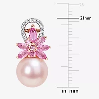 Pink Cultured Freshwater Pearl & 1/8 CT. T.W.  Genuine Diamond 14K Rose Gold Flower Drop Earrings