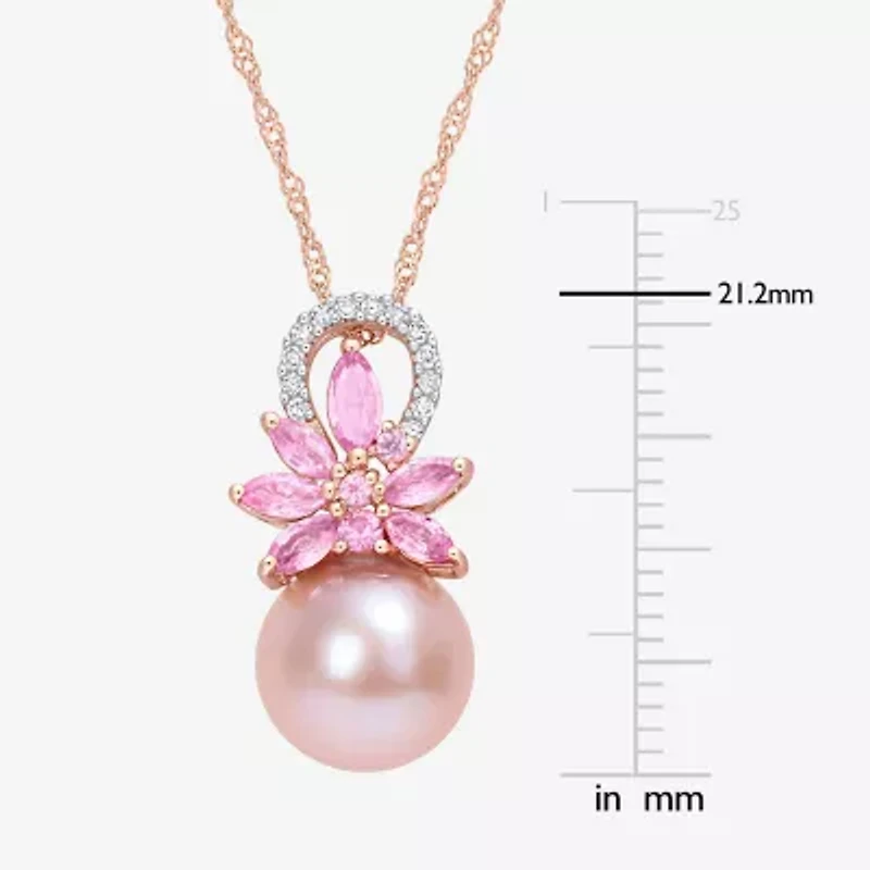 Womens Diamond Accent Pink Cultured Freshwater Pearl 14K Rose Gold Flower 17 Inch Pendant Necklace