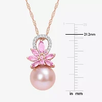 Womens Diamond Accent Pink Cultured Freshwater Pearl 14K Rose Gold Flower 17 Inch Pendant Necklace