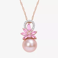 Womens Diamond Accent Pink Cultured Freshwater Pearl 14K Rose Gold Flower 17 Inch Pendant Necklace