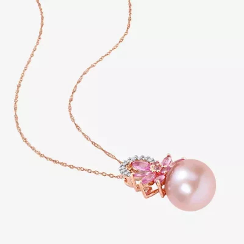 Womens Diamond Accent Pink Cultured Freshwater Pearl 14K Rose Gold Flower 17 Inch Pendant Necklace