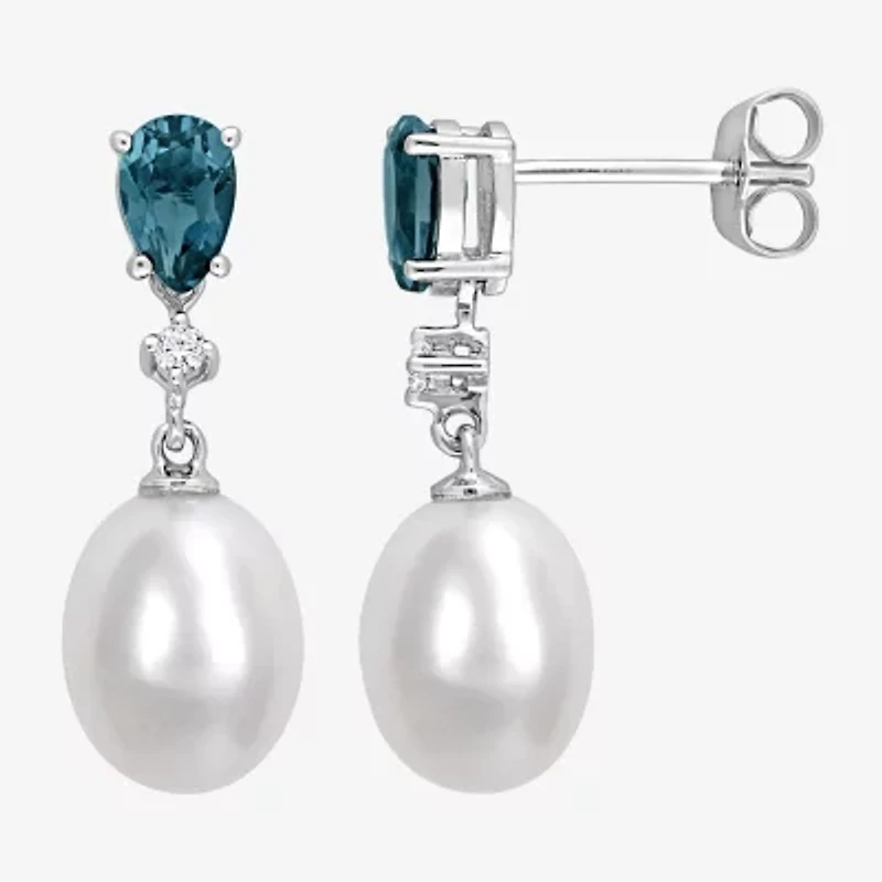 Womens Diamond Accent Pink Cultured Freshwater Pearl 10K White Gold Drop Earrings