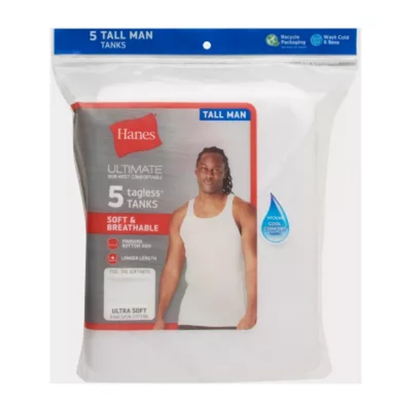 Hanes Mens Round Neck Sleeveless 5 Pack Tall Tank
