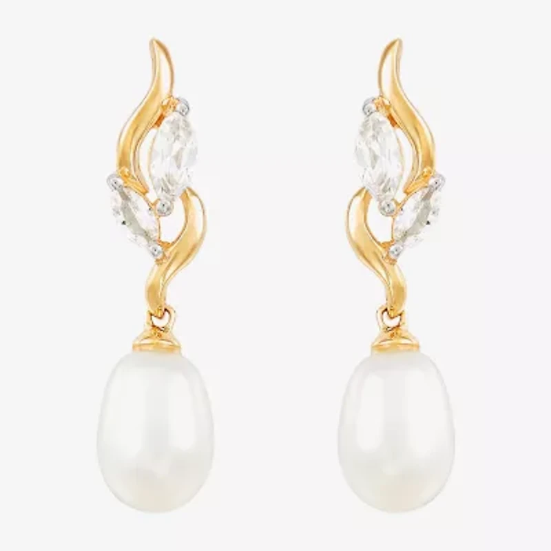 Womens White Cultured Freshwater Pearl 10K Gold Drop Earrings