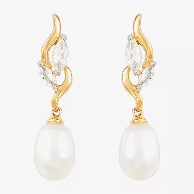 Womens White Cultured Freshwater Pearl 10K Gold Drop Earrings