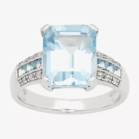 Womens Simulated Blue Aquamarine Sterling Silver Cocktail Ring
