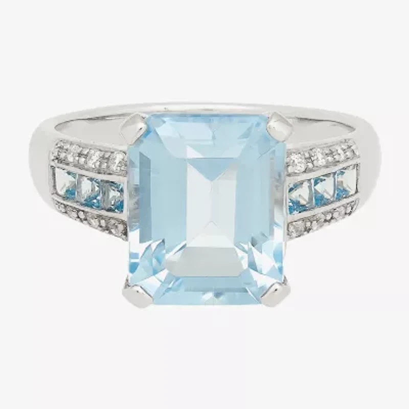 Womens Simulated Blue Aquamarine Sterling Silver Cocktail Ring