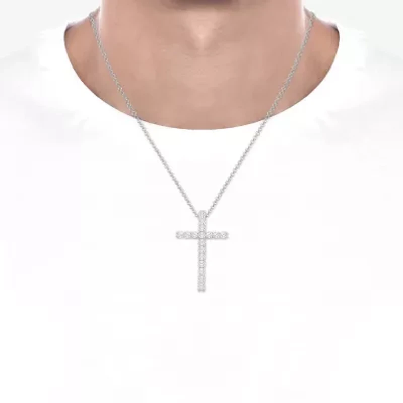 (I / I1) Mens 1 1/2 CT. T.W. Lab Grown White Diamond 10K Gold 10K White Gold Cross Pendant
