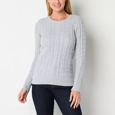 St. John's Bay Womens Crew Neck Long Sleeve Cable Knit Pullover Sweater