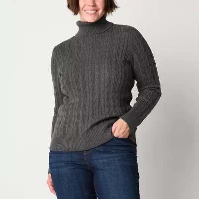 St. John's Bay Womens Turtleneck Long Sleeve Cable Knit Pullover Sweater