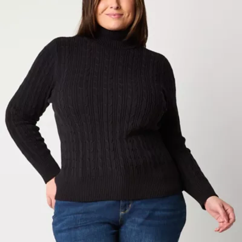 St. John's Bay Plus Womens Turtleneck Long Sleeve Cable Knit Pullover Sweater