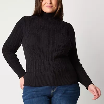 St. John's Bay Plus Womens Turtleneck Long Sleeve Cable Knit Pullover Sweater