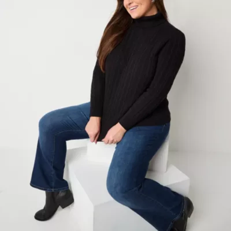 St. John's Bay Plus Womens Turtleneck Long Sleeve Cable Knit Pullover Sweater