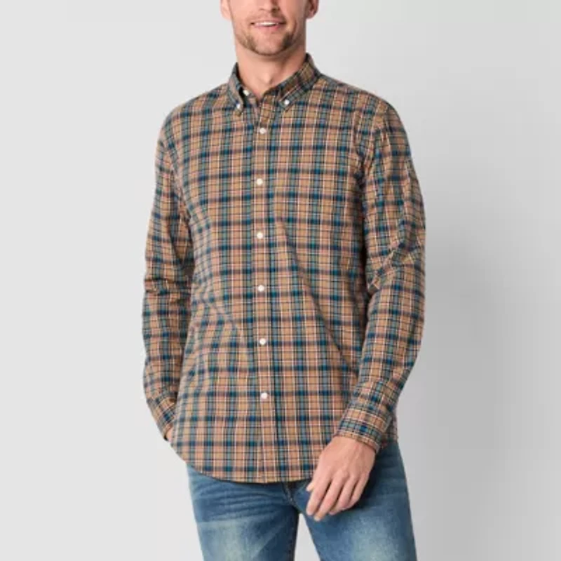 St. John's Bay Stretch Poplin Mens Long Sleeve Slim Fit Button-Down Shirt