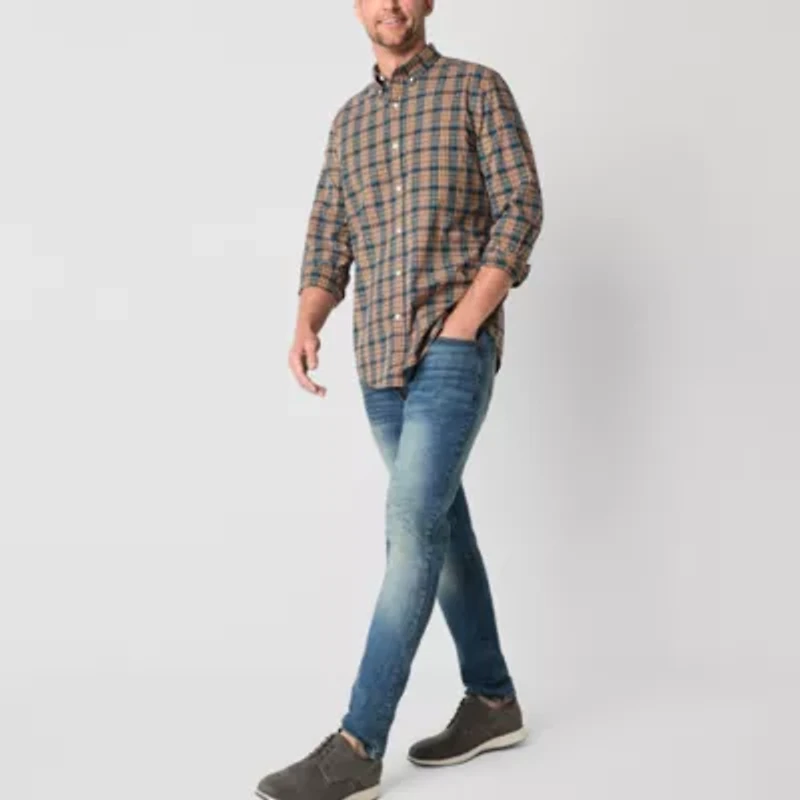 St. John's Bay Stretch Poplin Mens Long Sleeve Slim Fit Button-Down Shirt