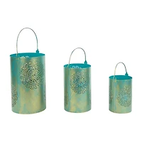 Set of 3 Turquoise Blue and Gold Decorative Floral Cut-Out Pillar Candle Lanterns 10"