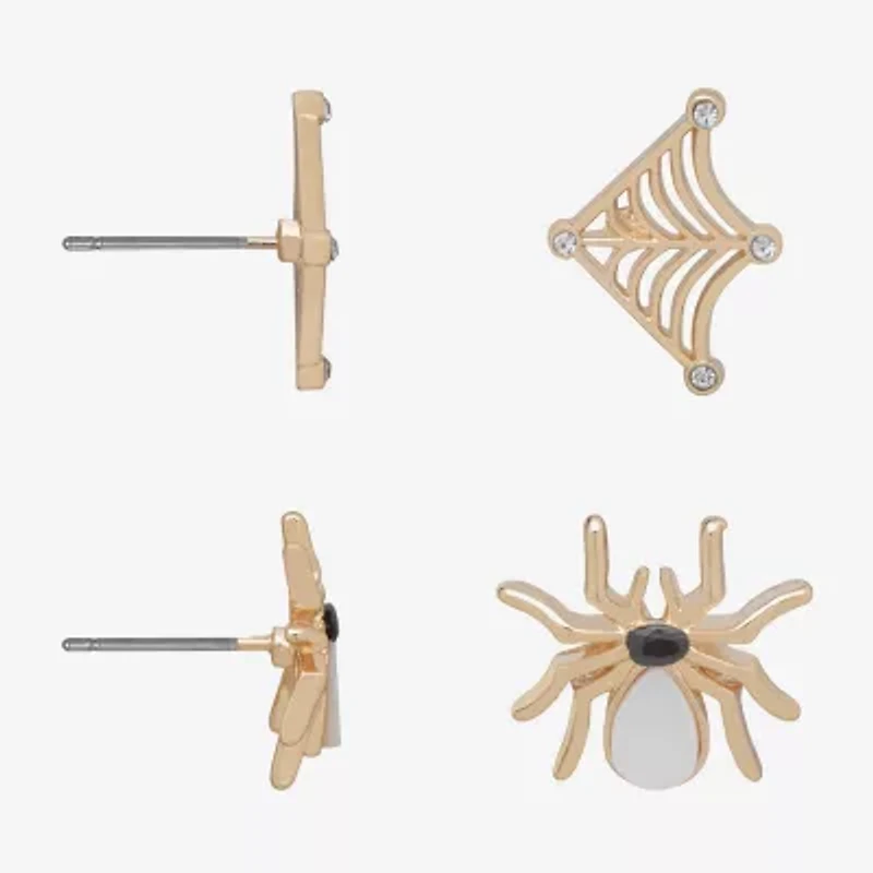 Bijoux Bar Delicates Halloween Gold Tone Spider & Web Womens Glass 2 Pair Earring Set