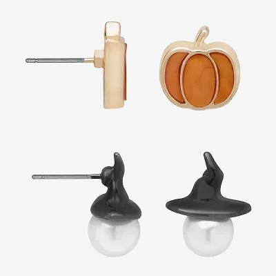 Bijoux Bar Delicates Halloween Two Tone Witch Hat & Pumpkin Womens 2 Pair Earring Set