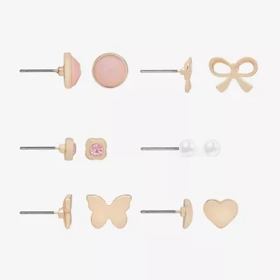 Bijoux Bar Delicates Gold Tone Womens Glass Simulated Pearl Bow Butterfly Heart 6 Pair Earring Set