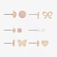 Bijoux Bar Delicates Gold Tone Womens Glass Simulated Pearl Bow Butterfly Heart 6 Pair Earring Set