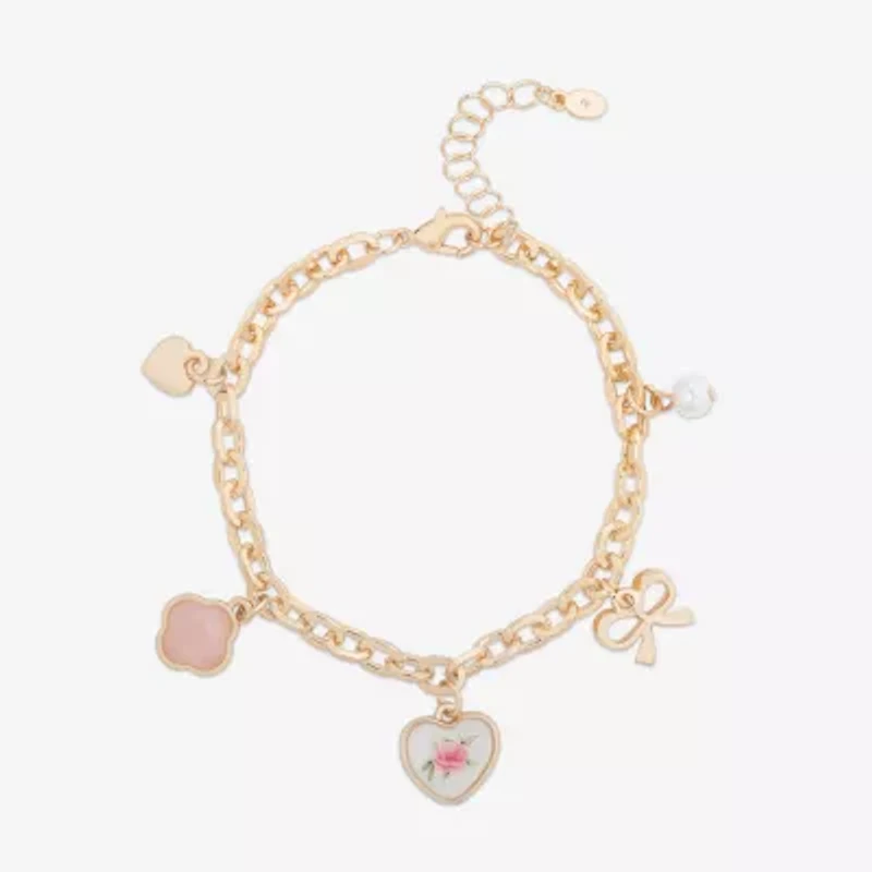 Bijoux Bar Delicates Gold Tone Womens Simulated Pearl Bow Clover Flower Charm Bracelet