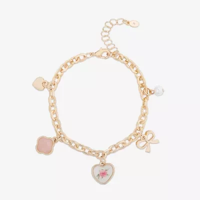 Bijoux Bar Delicates Gold Tone Womens Simulated Pearl Bow Clover Flower Charm Bracelet