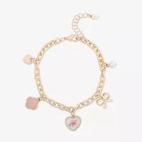 Bijoux Bar Delicates Gold Tone Womens Simulated Pearl Bow Clover Flower Charm Bracelet