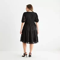 Sandra Darren Womens Short Sleeve Floral Fit + Flare Dress Plus