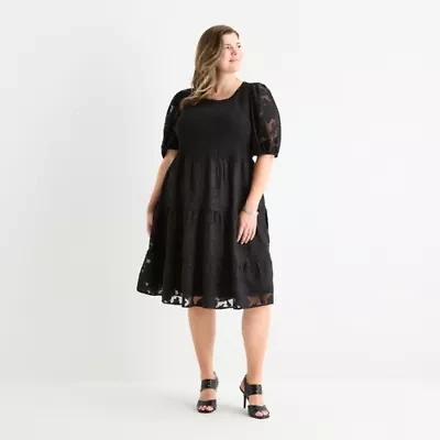 Sandra Darren Womens Short Sleeve Floral Fit + Flare Dress Plus