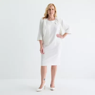 Maya Brooke Womens Pearl Trim Jacket Dress Plus