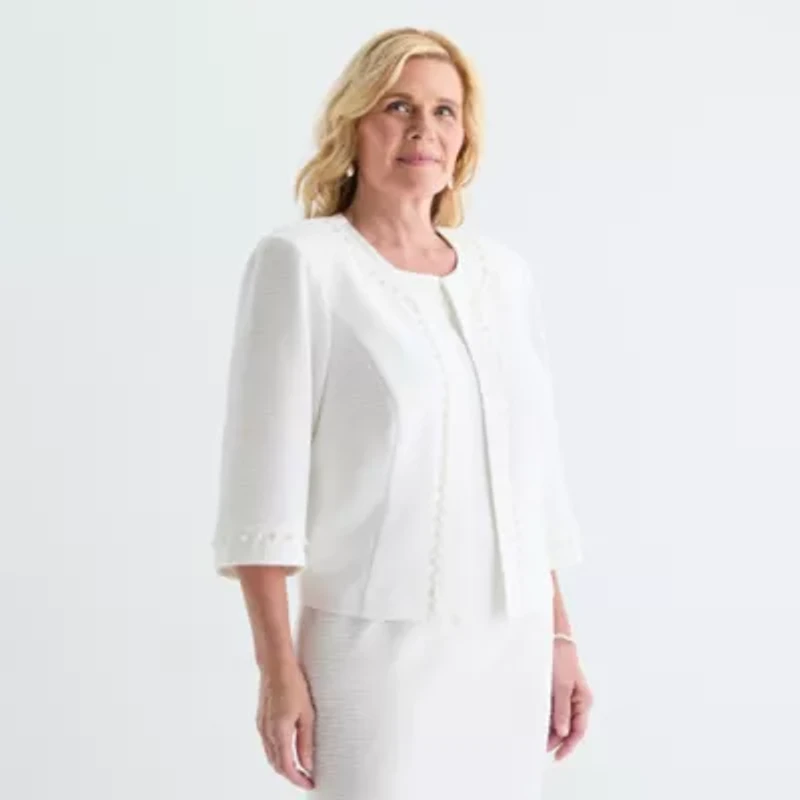 Maya Brooke Womens Pearl Trim Jacket Dress Plus