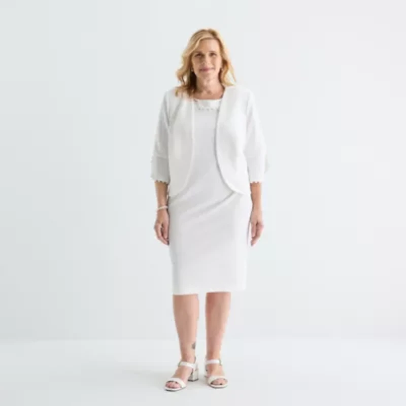 Maya Brooke Womens Pearl Trim Jacket Dress Plus