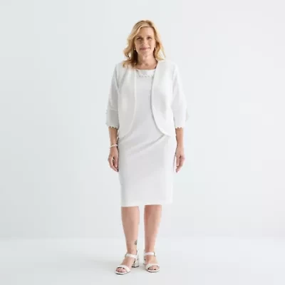 Maya Brooke Womens Pearl Trim Jacket Dress Plus