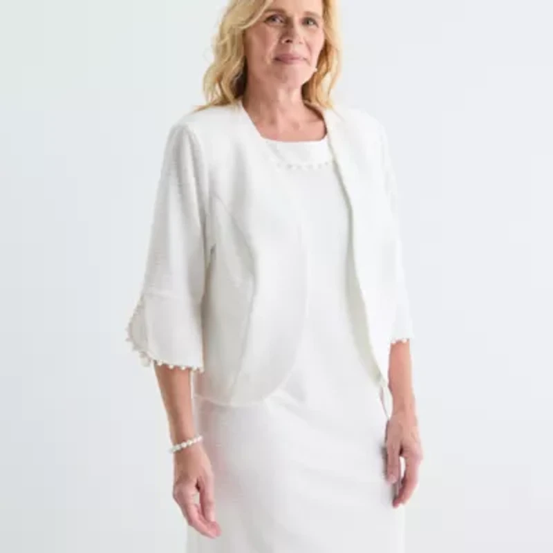 Maya Brooke Womens Pearl Trim Jacket Dress Plus