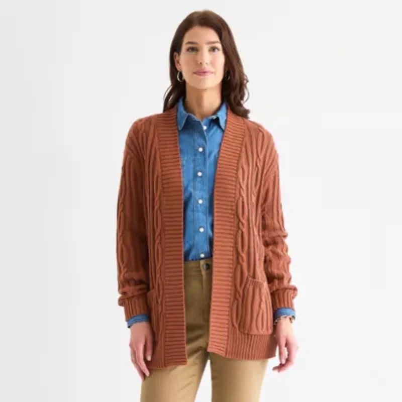 St. John's Bay Tall Womens Long Sleeve Open Front Cable Knit Cardigan