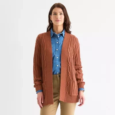 St. John's Bay Tall Womens Long Sleeve Open Front Cable Knit Cardigan