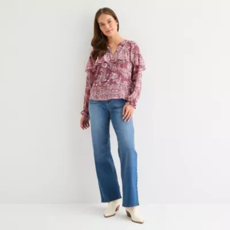 Frye and Co. Womens Split Crew Neck Long Sleeve Blouse