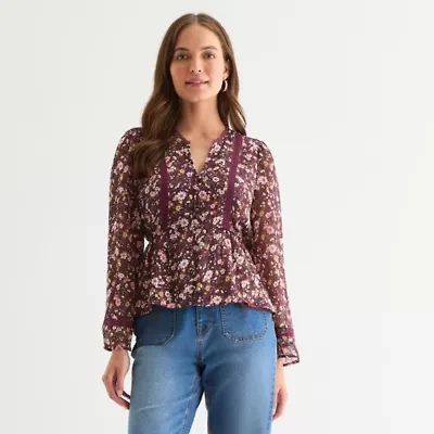 Frye and Co. Womens Split Crew Neck Long Sleeve Blouse